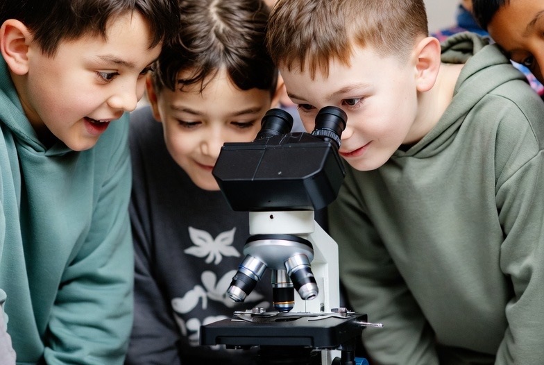 Niños observando muestras con un microscopio en una actividad educativa del Laboratorium Museo de Bergara