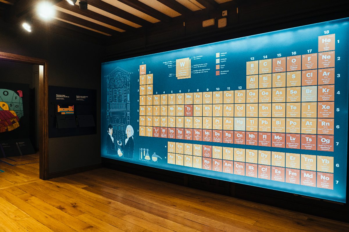 Panel iluminado de la tabla periódica en la exposición del Museo Laboratorium en Bergara.