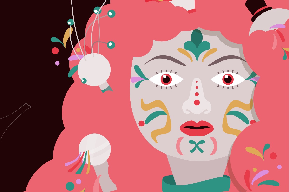 Ilustración artística de rostro femenino con elementos gráficos y colores vivos en exposición del Museo Laboratorium.